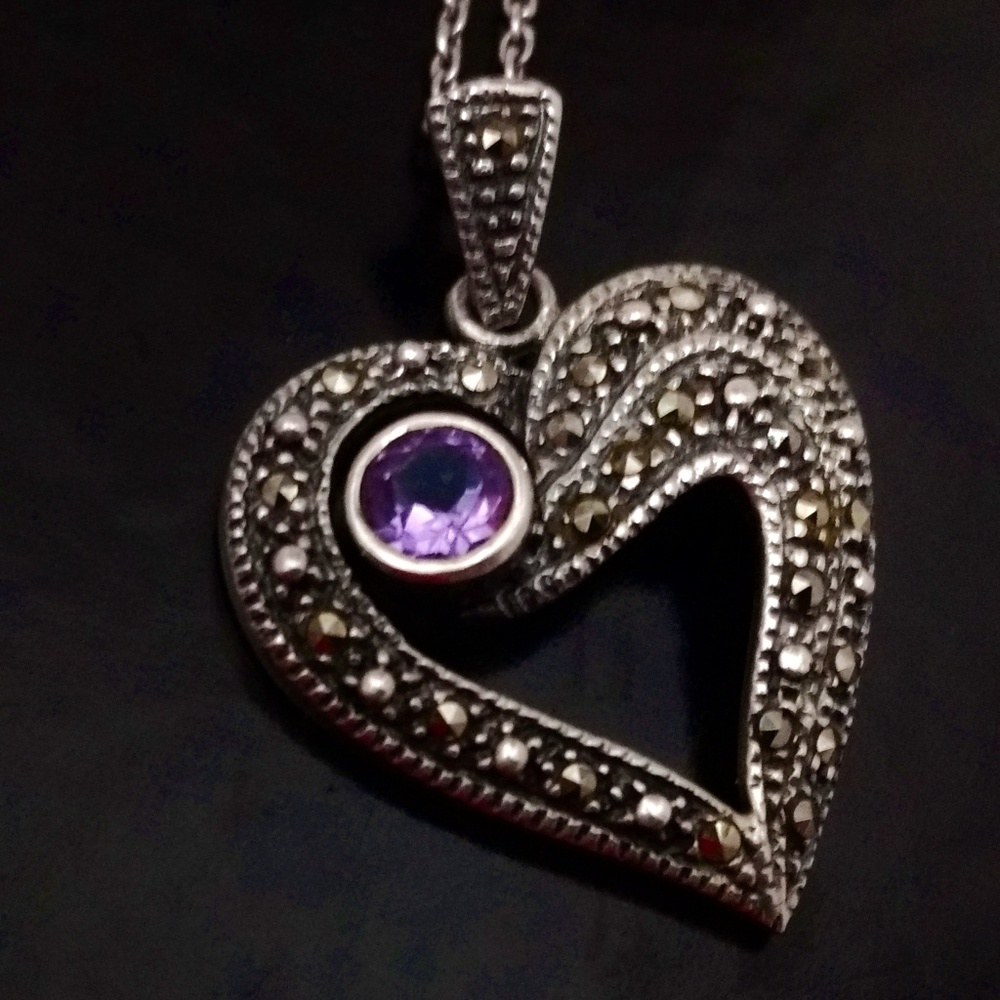 Vintage Designer Judith Jack Sterling Silver, Amethyst Marcasite Heart Neckl - Picture 5 of 8